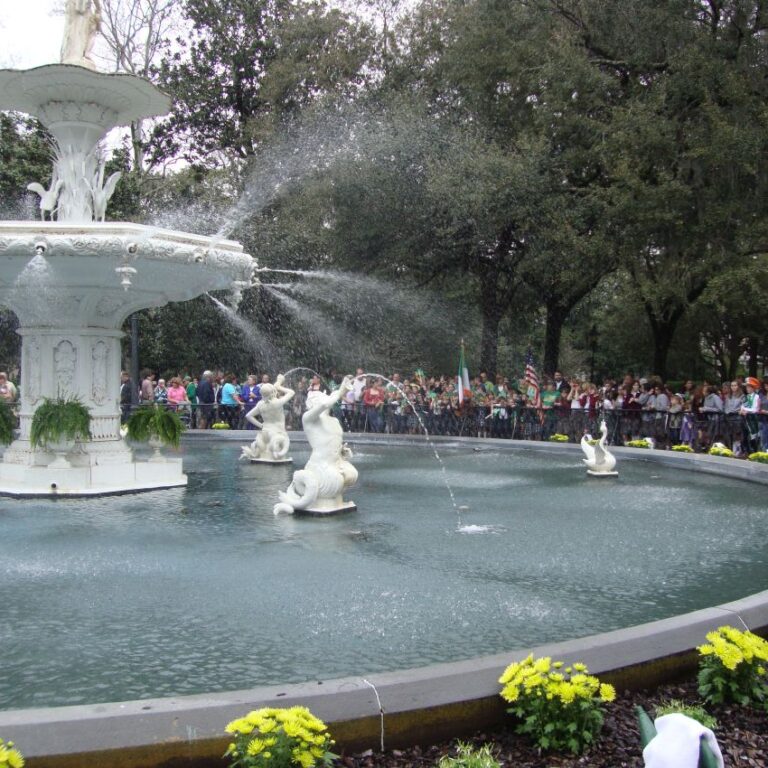 המזרקות בסאוונה הופכות לירוק ביום סט פטריק הקדוש בסוואנה