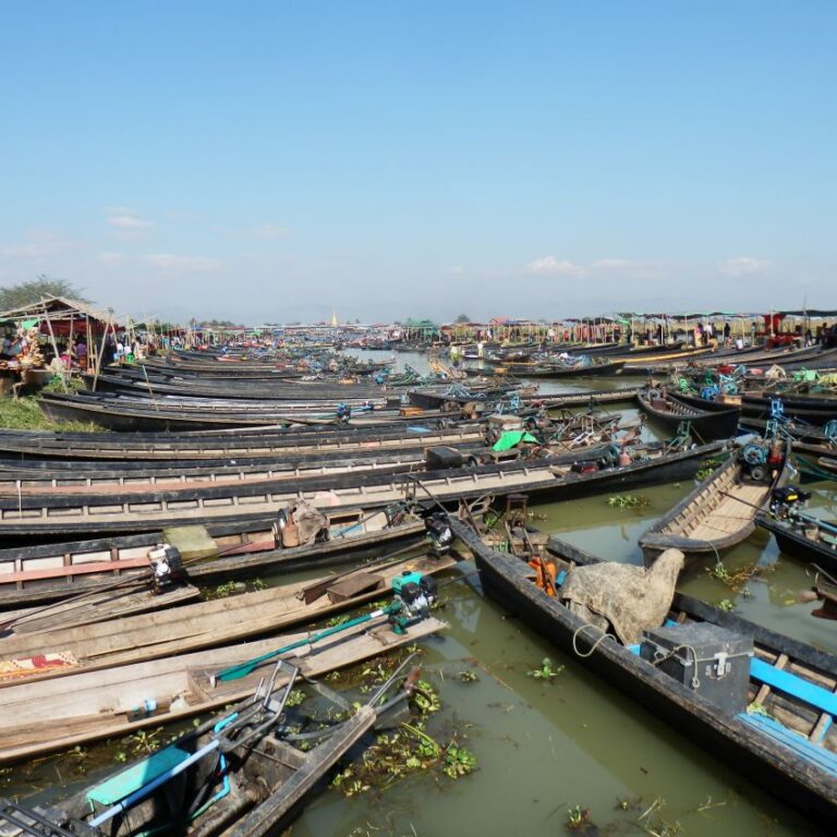 חניון סירות בשוק מקומי על גדת הנהר