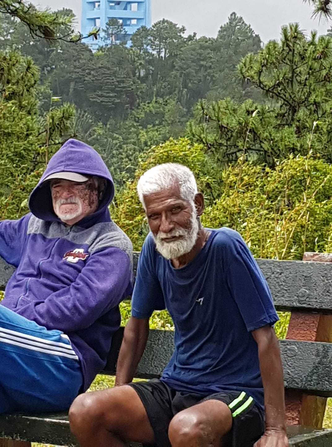 זוג קשישים באי מאורציוס הנחים בפארק ליד לוע הר געש מקומי