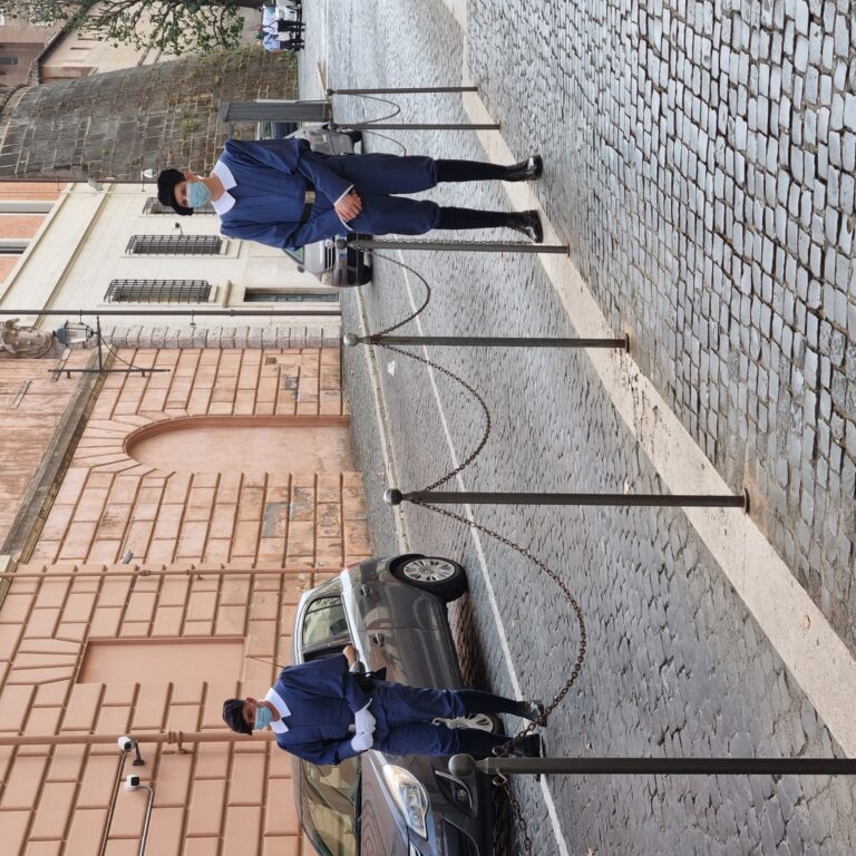 שומרי הראש השוויצרים של האפיפיור שמדיהם עוצבו בידי מיכאל אנג'לו בכניסה לעיר הוותיקן