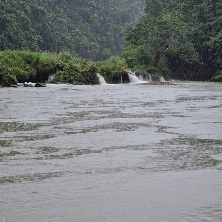 מפלים המזינים נהר לובוק הזורם בתוך צמחיה יער גשם באי-בוהול-פיליפינים